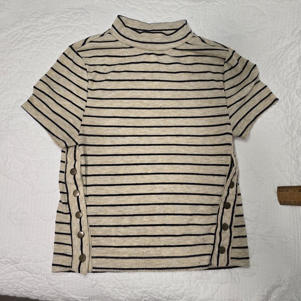 We The Free Striped Mock Neck Button Accent Short Sleeve Top S Beige Black chic
